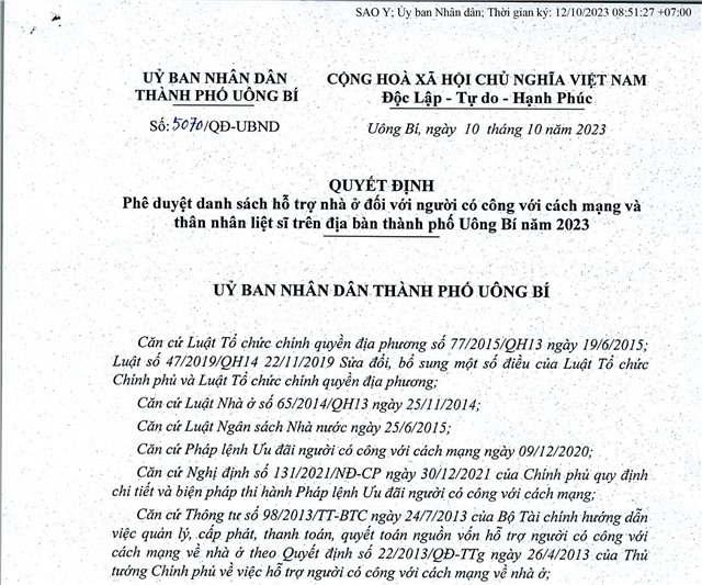 Quyết định phê duyệt danh sách hỗ trợ nhà ở đối với người có công với cách mạng và thân nhân liệt sỹ trên địa bàn thành phố Uông Bí năm 2023