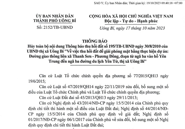 Thông báo huỷ toàn bộ nội dung Thông báo thu hồi đất số 195/TB-UBND ngày 30/8/2010 của UBND thị xã Uông Bí 