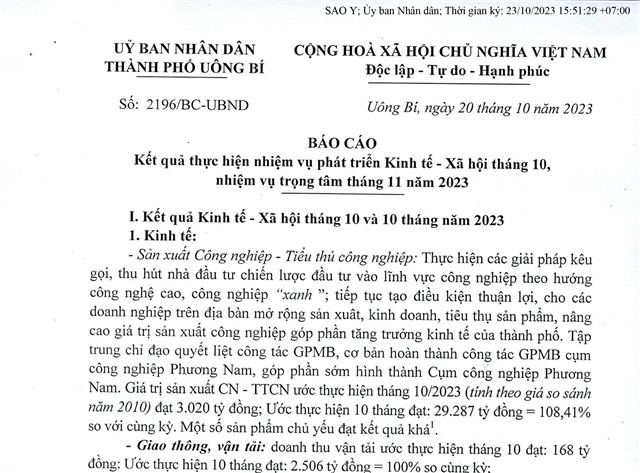 Báo cáo kết quả thực hiện nhiệm vụ phát triển kinh tế - xã hội tháng 10, nhiệm vụ trọng tâm tháng 11 năm 2023