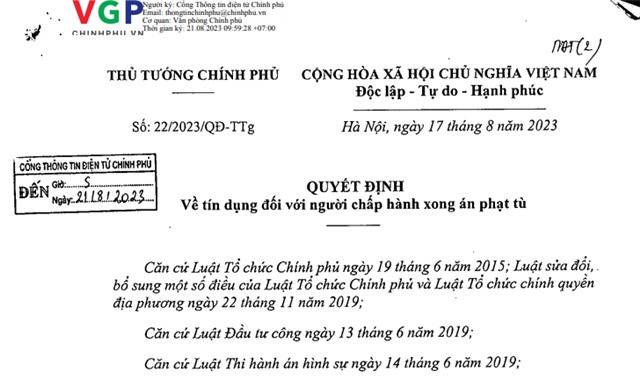 Quyết định số 22/2023/QĐ-TTg của Thủ tướng Chính phủ: Về tín dụng đối với người chấp hành xong án phạt tù
