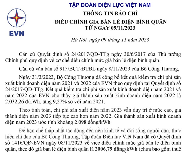 Thông tin báo chí điều chỉnh giá bán lẻ điện bình quân từ ngày 09/11/2023