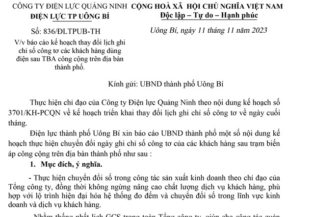 Kế hoạch thay đổi lịch ghi chỉ số công tơ các khách hàng dùng điện sau trạm biến áp công cộng trên địa bàn thành phố