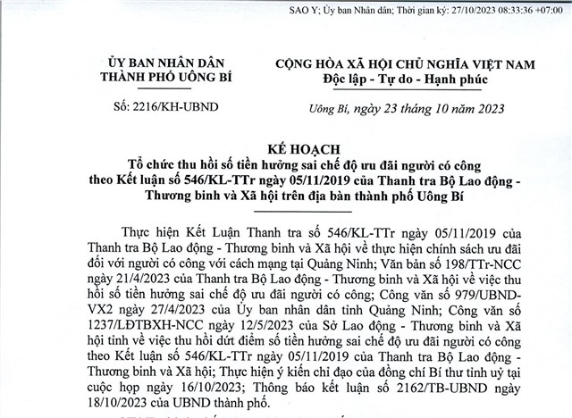 Thu hồi số tiền hưởng sai chế độ ưu đãi người có công theo Kết luận số 546/KL-TTr ngày 05/11/2019 của Thanh tra Bộ Lao động, Thương binh và Xã hội trên địa bàn thành phố Uông Bí