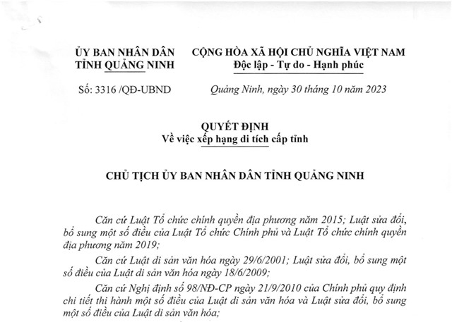 Quyết định về việc xếp hạng di tích cấp tỉnh