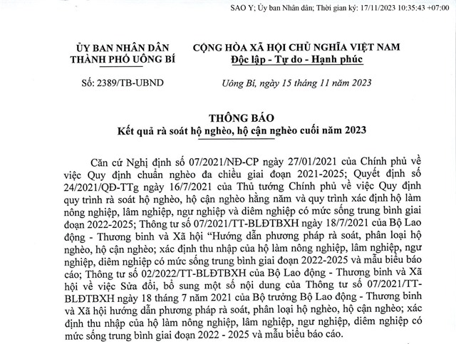 Thông báo kết quả rà soát hộ nghèo, hộ cận nghèo cuối năm 2023