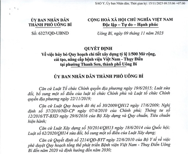 Quyết định về việc hủy bỏ Quy hoạch chi tiết xây dựng tỷ lệ 1/500 mở rộng, nâng cấp Bệnh viện Việt Nam - Thụy Điển tại phường Thanh Sơn, thành phố Uông Bí