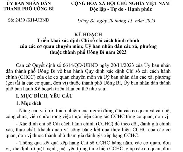 Kế hoạch Triển khai xác định Chỉ số cải cách hành chính của các cơ quan chuyên môn; Uỷ ban nhân dân các xã, phường thuộc thành phố Uông Bí năm 2023