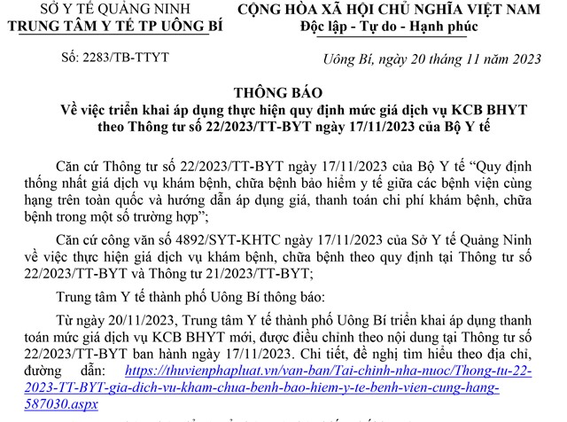 Thông báo về việc triển khai áp dụng thực hiện quy định mức giá dịch vụ KCB BHYT theo Thông tư số 22/2023/TT-BYT ngày 17/11/2023 của Bộ Y tế