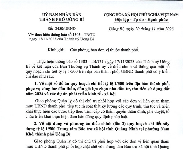 Về việc thực hiện thông báo số 1303-TB/TU ngày 17/11/2023 của Thành uỷ Uông Bí