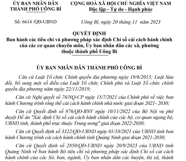 Quyết định Ban hành các tiêu chí và phương pháp xác định Chỉ số cải cách hành chính của các cơ quan chuyên môn, Ủy ban nhân dân các xã, phường thuộc thành phố Uông Bí