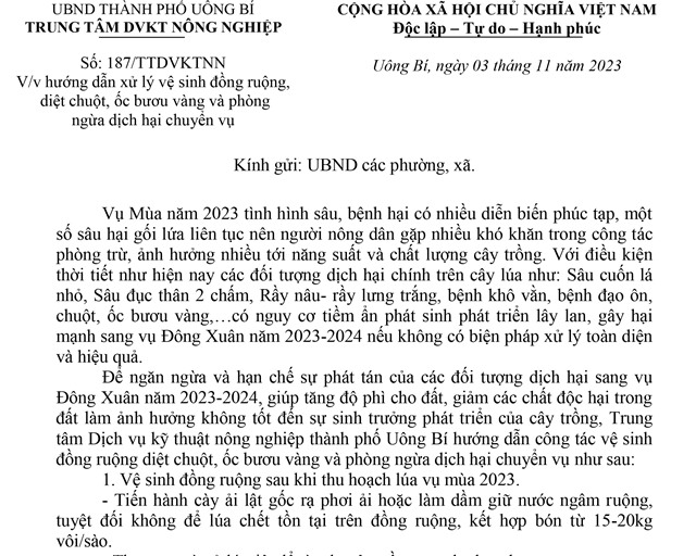 Hướng dẫn xử lý vệ sinh đồng ruộng, diệt chuột, ốc bươu vàng và phòng ngừa dịch hại chuyển vụ