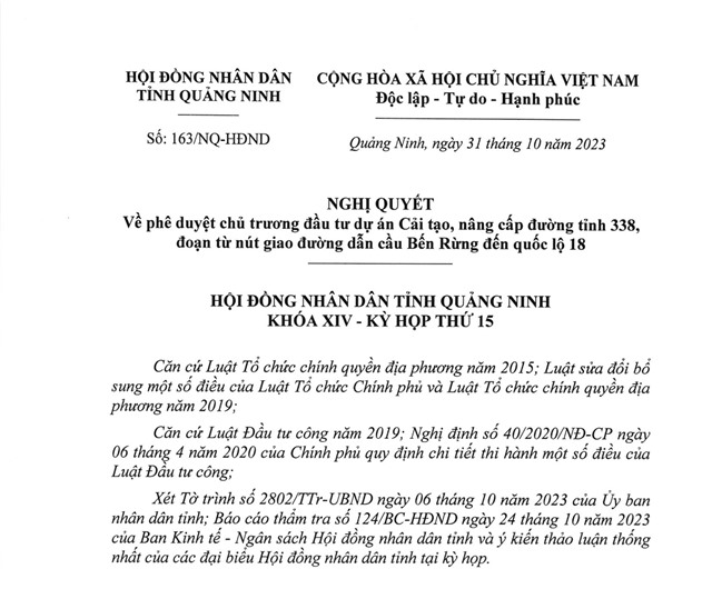 Nghị quyết về phê duyệt chủ trương đầu tư dự án Cải tạo, nâng cấp đường tỉnh 338, đoạn từ nút giao đường dẫn cầu Bến Rừng đến quốc lộ 18