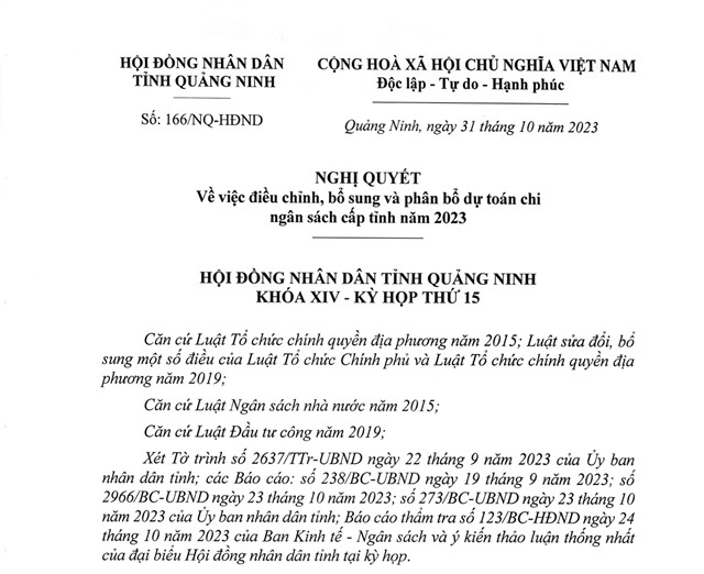 Nghị quyết v/v điều chỉnh, bổ sung và phân bổ dự toán chi ngân sách cấp tỉnh năm 2023