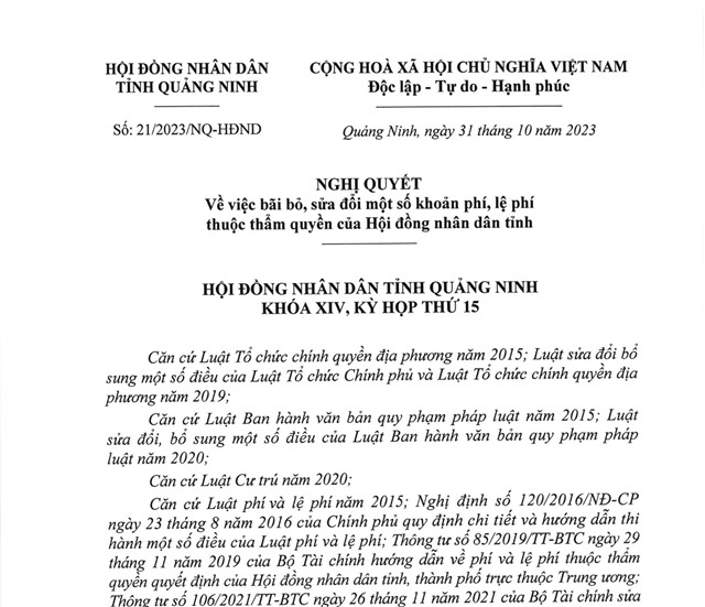Nghị quyết v/v bãi bỏ, sửa đổi một số khoản phí, lệ phí thuộc thẩm quyền của Hội đồng nhân dân tỉnh Quảng Ninh