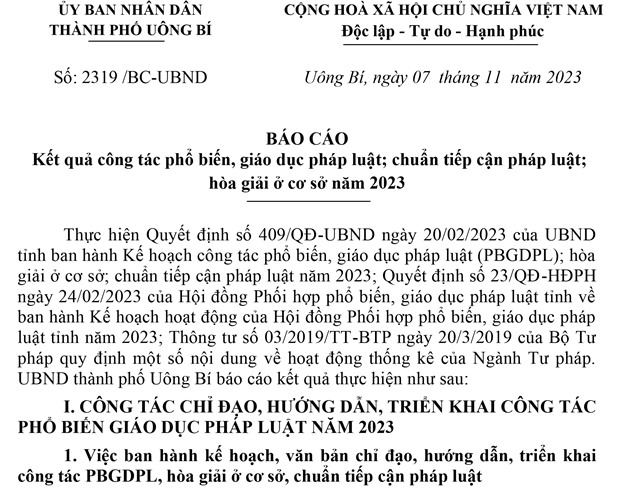 Báo cáo kết quả công tác phổ biến, giáo dục pháp luật, chuẩn tiếp cận pháp luật; hòa giải ở cơ sở năm 2023