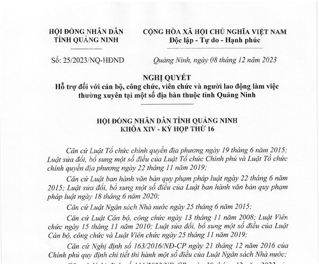 Nghị quyết hỗ trợ đối với cán bộ, công chức, viên chức và người lao động làm việc thường xuyên tại một số địa bàn thuộc tỉnh Quảng Ninh