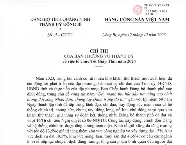 Chỉ thị của Ban Thường vụ Thành uỷ về việc tổ chức Tết Giáp Thìn năm 2024