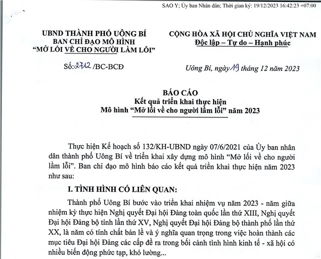 Báo cáo kết quả triển khai thực hiện mô hình "Mở lối về cho người lầm lỗi" năm 2023