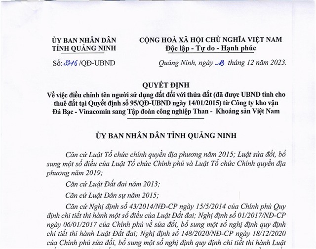 Quyết định về việc điều chỉnh tên người sử dụng đất đối với thửa đất từ Công ty Kho vận Đá Bạc -Vinacomin sang Tập đoàn Công nghiệp Than - Khoáng sản Việt Nam