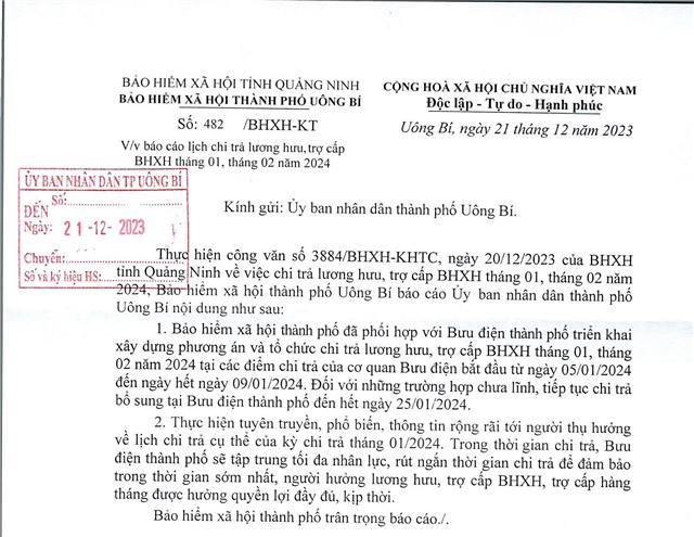 Báo cáo chi trả lương hưu, trợ cấp BHXH tháng 01, 02 năm 2024