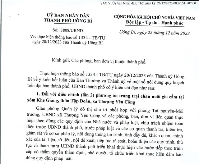 Về việc thực hiện thông báo số 1334 -TB/TU ngày 20/12/2023 của Thành uỷ Uông Bí