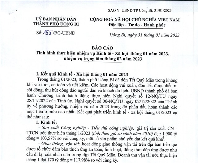 Báo cáo tình hình thực hiện nhiệm vụ kinh tế - xã hội tháng 01 năm 2023, nhiệm vụ trọng tâm tháng 02 năm 2023