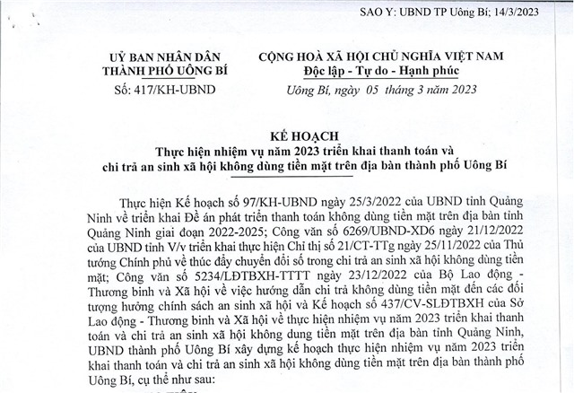 Kế hoạch thực hiện nhiệm vụ năm 2023 triển khai thanh toán và chi trả an sinh xã hội không dùng tiền mặt trên địa bàn thành phố Uông Bí