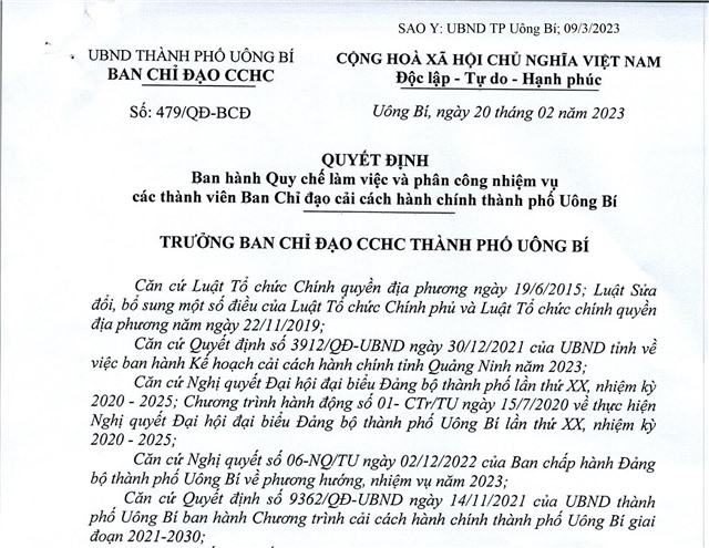 Ban hành Quy chế làm việc và phân công nhiệm vụ các thành viên Ban chỉ đạo cải cách hành chính thành phố Uông Bí