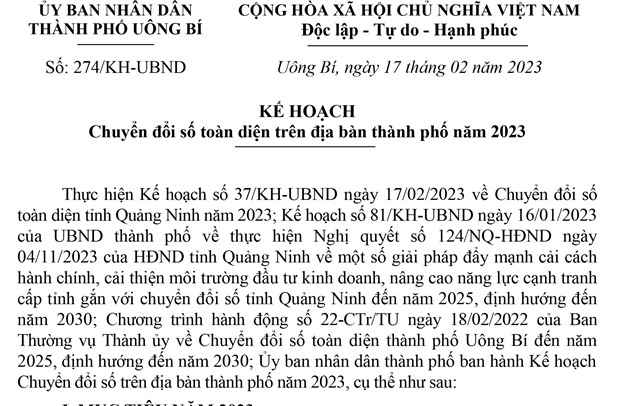 Kế hoạch chuyển đổi số toàn diện trên địa bàn thành phố Uông Bí năm 2023