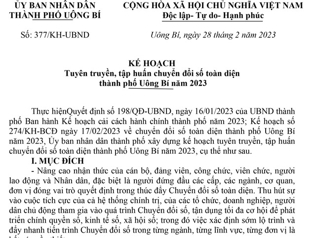 Kế hoạch tuyên truyền, tập huấn chuyển đổi số toàn diện thành phố Uông Bí năm 2023