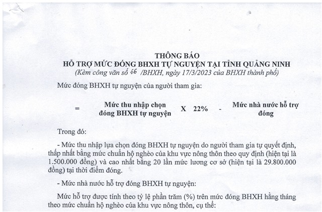 Thông báo hỗ trợ mức đóng BHXH tự nguyện tại tỉnh Quảng Ninh
