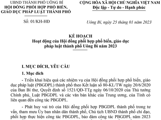 Kế hoạch Hoạt động của Hội đồng phối hợp phổ biến, giáo dục pháp luật thành phố Uông Bí năm 2023