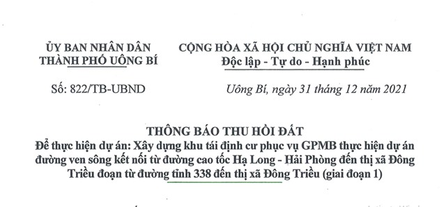 THÔNG BÁO THU HỒI ĐẤT