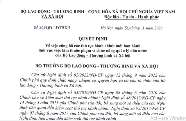 Quyết định về công bố thủ tục hành chính mới ban hành lĩnh vực việc làm thuộc phạm vi chức năng quản lý nhà nước của Bộ Lao động, Thương binh và Xã hội