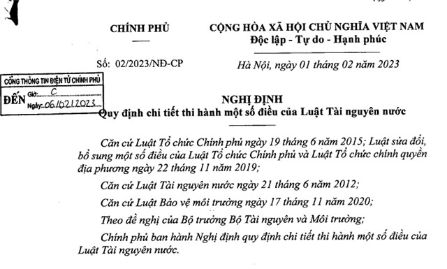 Nghị định số 02/2023/NĐ-CP của Chính phủ: Quy định chi tiết thi hành một số điều của Luật Tài nguyên nước