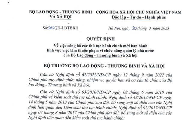 Quyết định v/v công bố các thủ tục hành chính mới ban hành lĩnh vực việc làm thuộc phạm vi chức năng quản lý nhà nước của Bộ Lao động-Thương binh và Xã hội