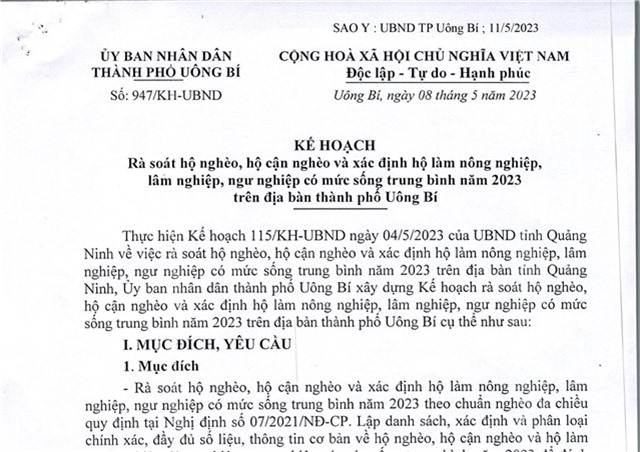 Kế hoạch rà soát hộ nghèo, hộ cận nghèo và xác định hộ làm nông nghiệp, lâm nghiệp, ngư nghiệp có mức sống trung bình năm 2023 trên địa bàn thành phố Uông Bí