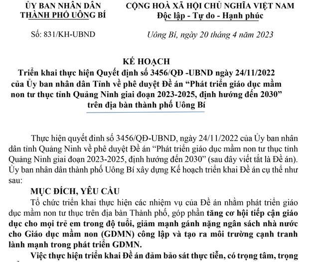 Kế hoạch Triển khai thực hiện Quyết định số 3456/QĐ-UBND ngày 24/11/2022 của Ủy ban nhân dân Tỉnh về phê duyệt Đề án “Phát triển giáo dục mầm non tư thục tỉnh Quảng Ninh giai đoạn 2023-2025, định hướng đến 2030” trên địa bàn thành phố Uông Bí