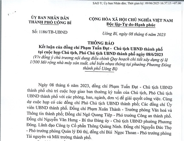 Thông báo kết luận của đồng chí Phạm Tuấn Đạt - Chủ tịch UBND thành phố tại cuộc họp Chủ tịch, Phó Chủ tịch UBND thành phố ngày 8/6/2023