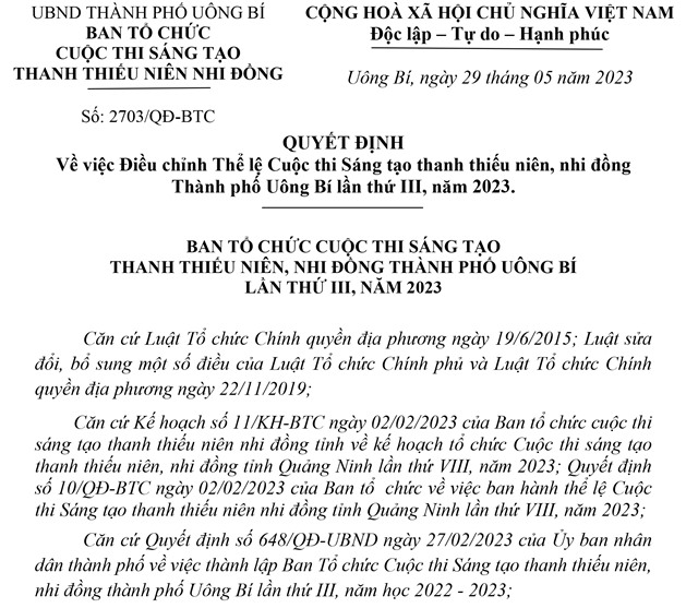 Quyết định về việc điều chỉnh Thể lệ Cuộc thi Sáng tạo thanh thiếu niên, nhi đồng Thành phố Uông Bí lần thứ III, năm 2023