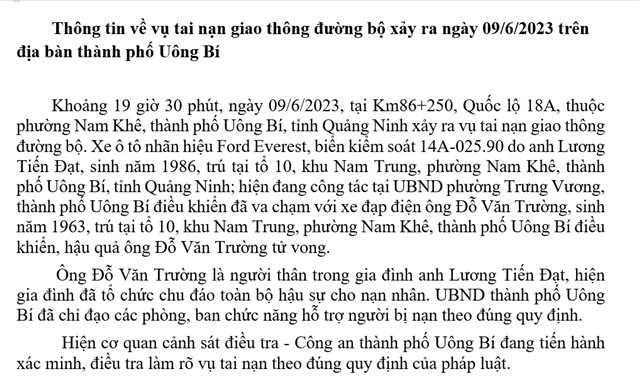 Thông tin về vụ tai nạn giao thông đường bộ xảy ra ngày 09/6/2023 trên địa bàn thành phố Uông Bí