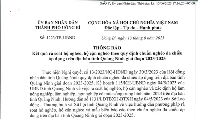 Thông báo kết quả rà soát hộ nghèo, hộ cận nghèo theo quy định chuẩn nghèo đa chiều áp dụng trên địa bàn tỉnh Quảng Ninh giai đoạn 2023 -2025