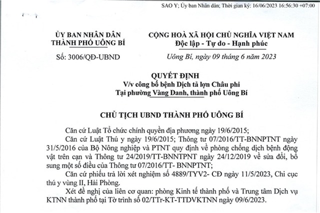 Quyết định về việc công bố bệnh dịch tả lợn Châu Phi tại phường Vàng Danh, thành phố Uông Bí