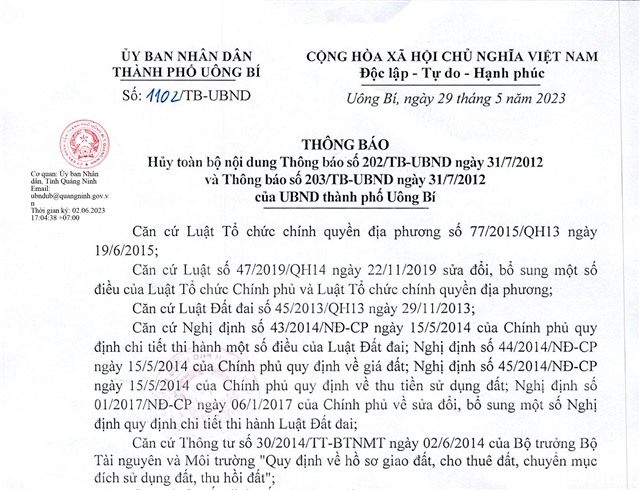 Thông báo hủy toàn bộ nội dung thông báo số 202/TB-UBND ngày 31/7/2012 và Thông báo số 203/TB-UBND ngày 31/7/2012 của UBND thành phố Uông BÍ