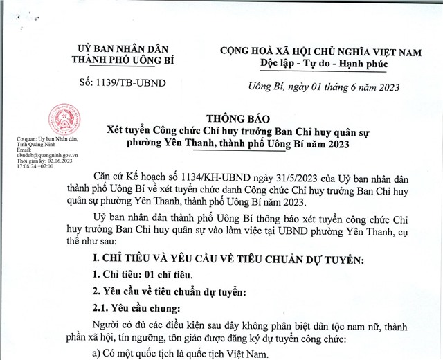 Thông báo xét tuyển Công chức Chỉ huy trưởng Ban Chỉ huy Quân sự phường Yên Thanh, thành phố Uông Bí năm 2023