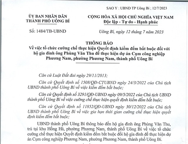 Thông báo về việc tổ chức cưỡng chế thực hiện Quyết định kiểm đếm bắt buộc đối với hộ gia đình ông Phùng Văn Thu để thực hiện dự án Cụm công nghiệp Phương Nam, phường Phương Nam, thành phố Uông Bí