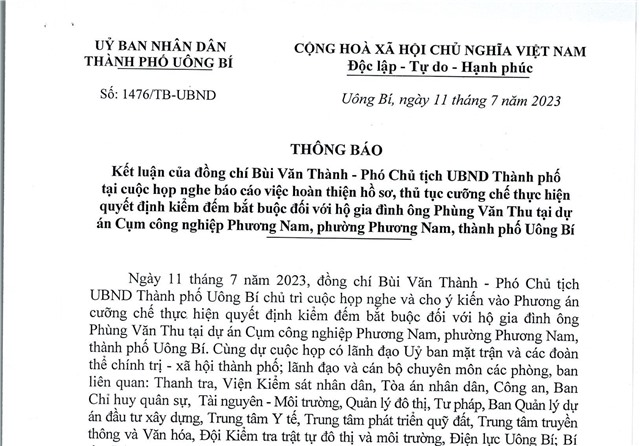 Thông báo kết luận của đồng chí Bùi Văn Thành - PCT UBND Thành phố tại cuộc họp nghe báo cáo việc hoàn thiện hồ sơ, thủ tục cưỡng chế thực hiện quyết định kiểm đếm bắt buộc