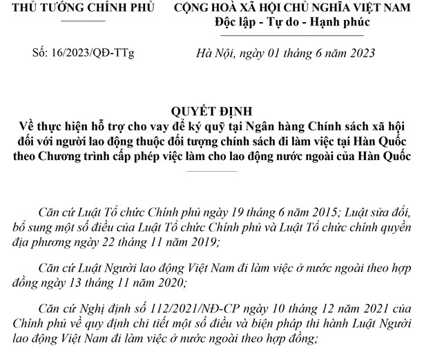 Quyết định Về thực hiện hỗ trợ cho vay để ký quỹ tại NH CSXH đối với người lao động thuộc đối tượng chính sách đi làm việc tại Hàn Quốc theo Chương trình cấp phép việc làm cho lao động nước ngoài của Hàn Quốc
