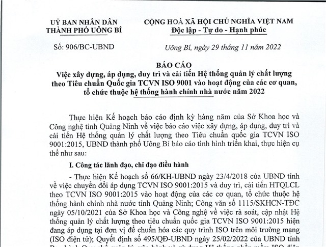 Báo cáo việc xây dựng, áp dụng, duy trì và cải tiến Hệ thống quản lý chất lượng theo Tiêu chuẩn Quốc gia TCVN ISO 9001 vào hoạt động của các cơ quan, tổ chức thuộc hệ thống hành chính nhà nước năm 2022 