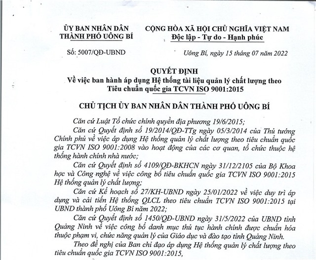 Quyết định về việc ban hành áp dụng Hệ thống tài liệu quản lý chất lượng theo Tiêu chuẩn quốc gia 9001:2015